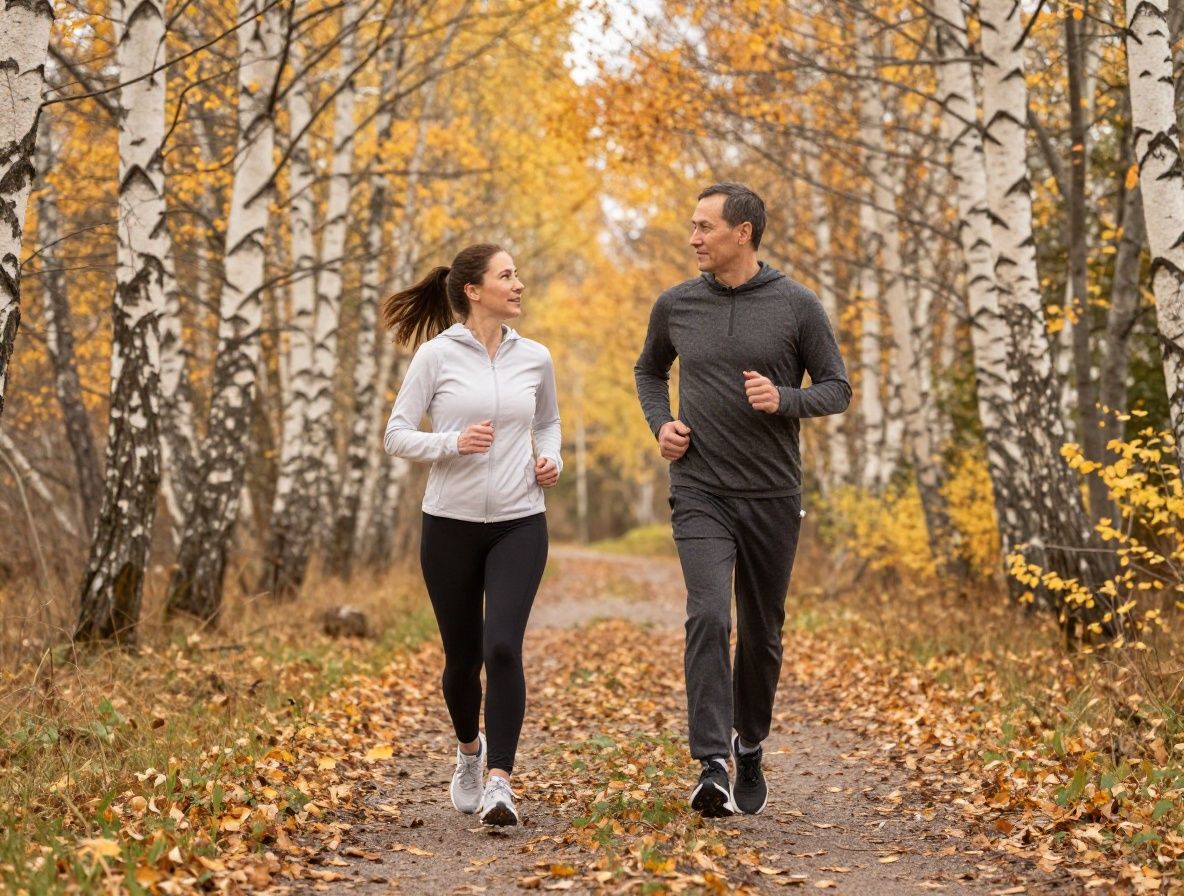 Two people in their 40s jogging together on a forest trail in Sweden in autumn, surrounded by golden and orange birch trees, wearing casual athletic clothing, peaceful and energetic atmosphere, no medical context