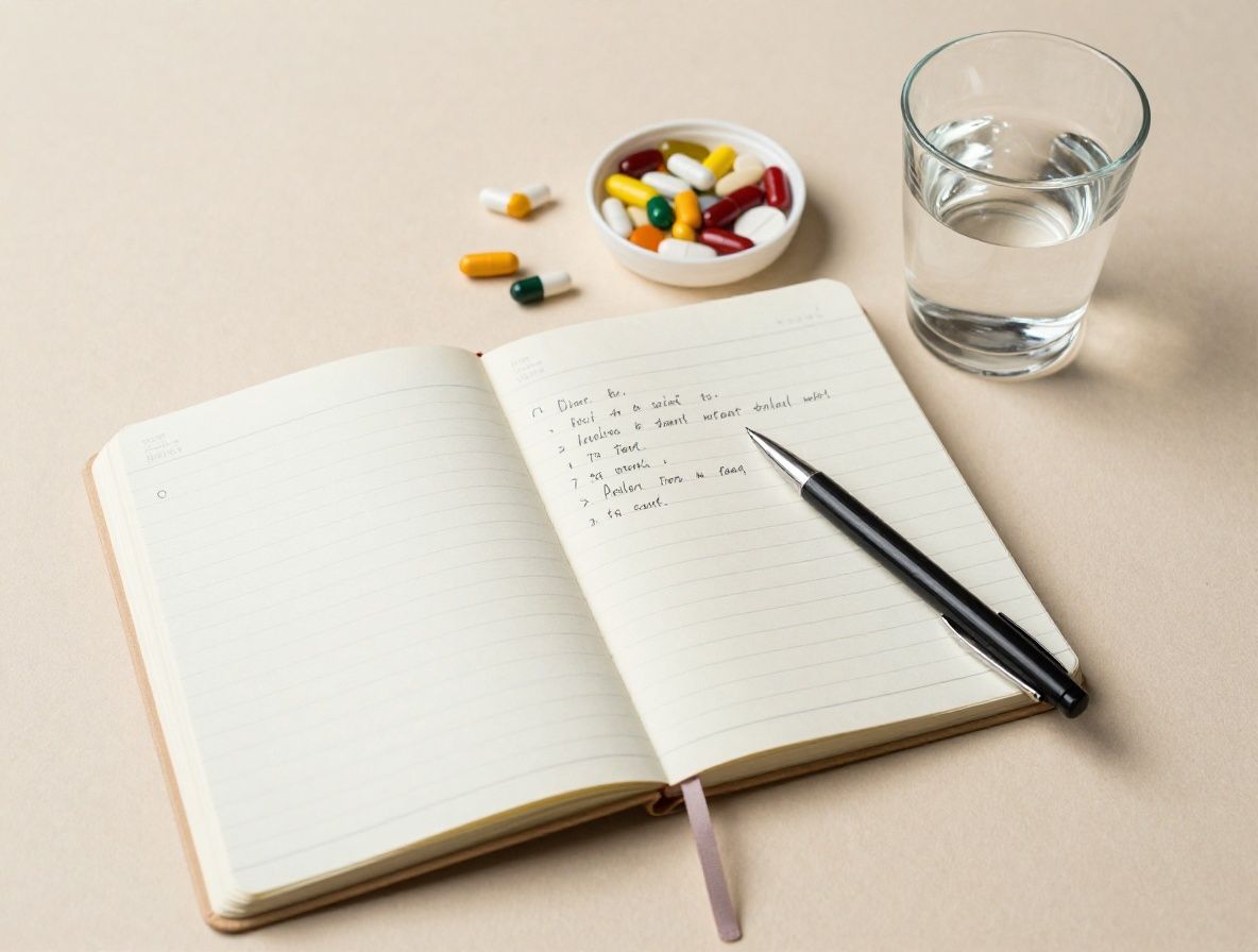 Top-down view of an open notebook with handwritten notes and a pen, beside a glass of water and a small dish of colourful vitamin supplements arranged neatly on a light beige background, calm studious atmosphere