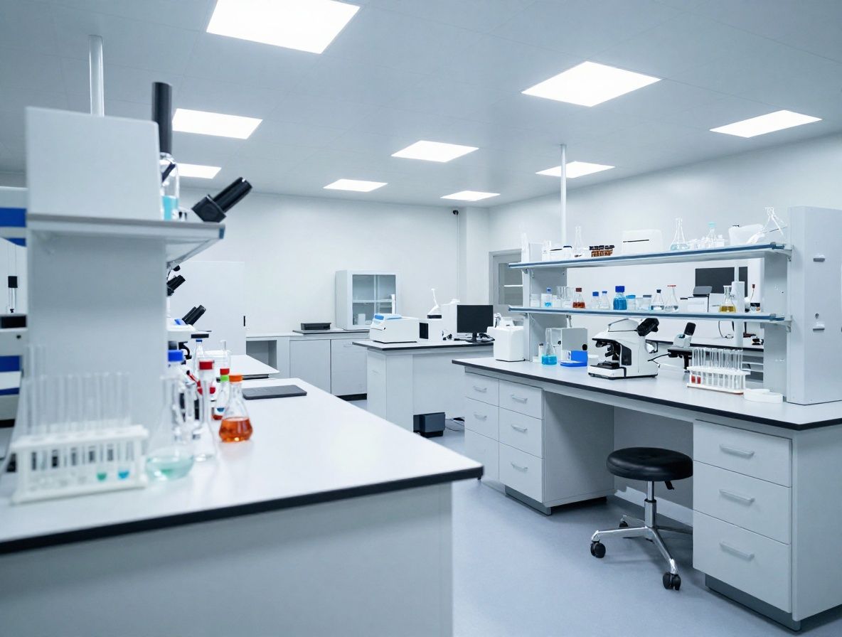 Clean modern research laboratory interior with rows of glass beakers and scientific equipment on white benches under bright cool overhead lighting, no people present, conveying systematic scientific inquiry in a neutral non-medical context
