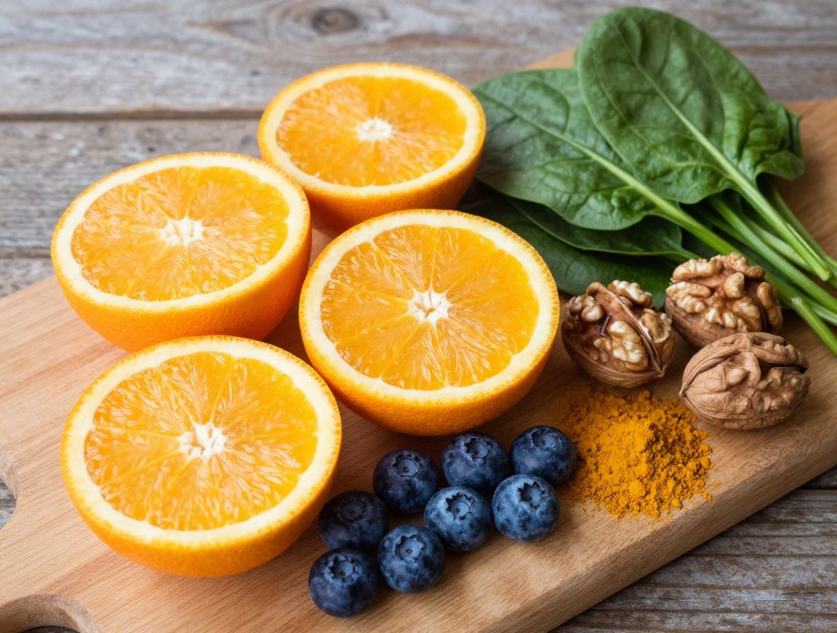 Assortment of natural vitamin-rich ingredients on a wooden chopping board: halved oranges, fresh blueberries, spinach leaves, walnuts, and a small bowl of turmeric powder, vibrant natural colours, overhead shot with diffused daylight